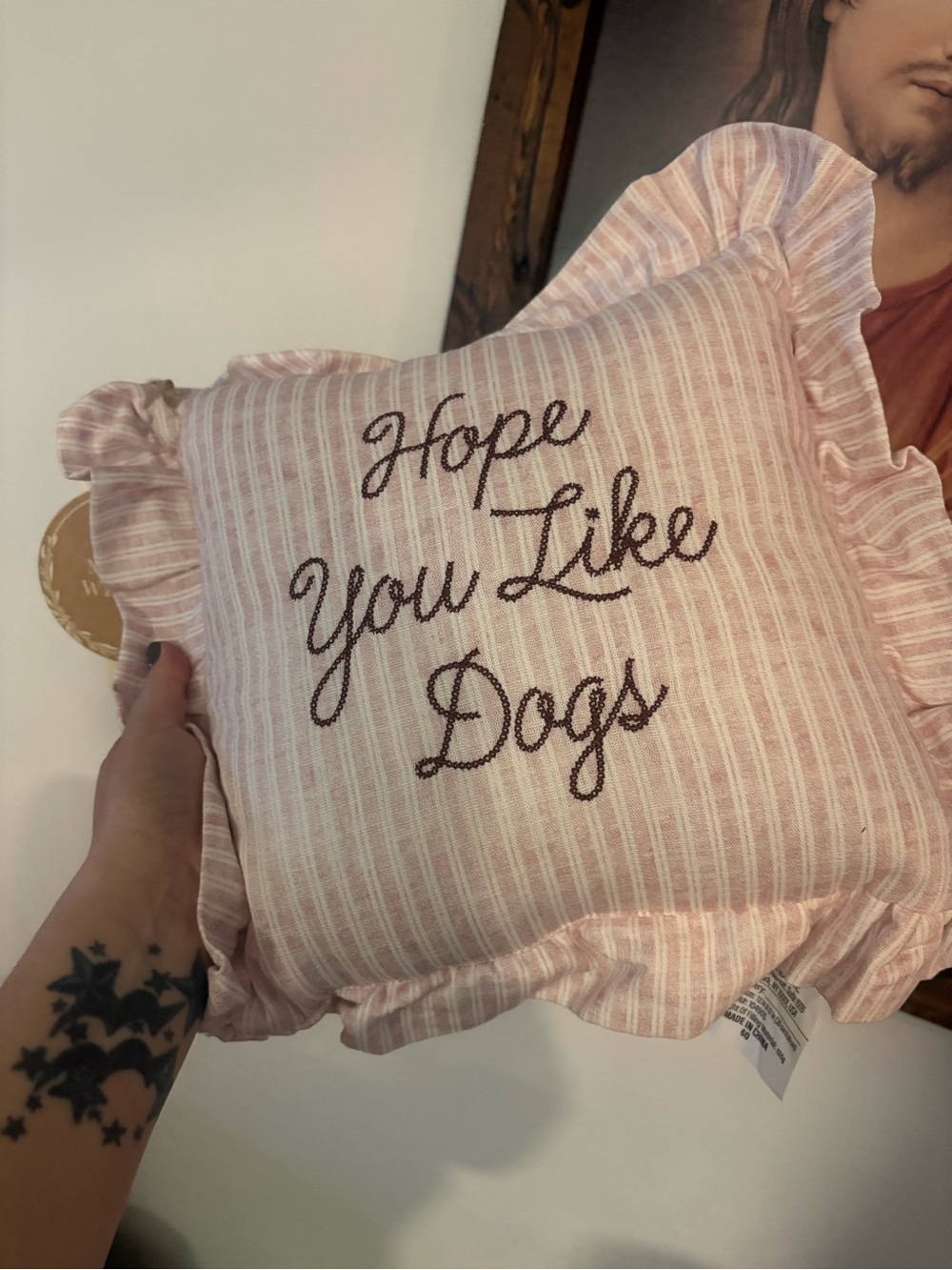 Pink “Hope You Like Dogs” Decorative Throw Pillow with Ruffle Trim - Picture 2 of 7